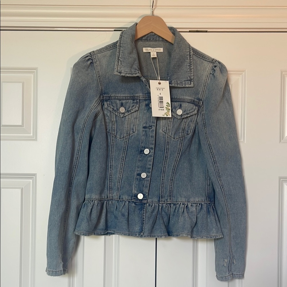 Chelsea & Violet Distressed Denim Peplum Hem Jacket
